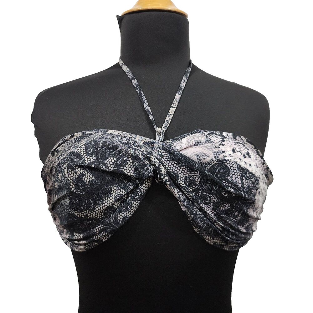 A.Che Swimwear Luxe Bustier Bikini Top Black Floral Lace Twit Knot Halter Size M